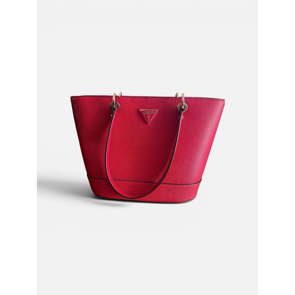 Guess Noelle Elite Faux Leather Tote Womens Bag In Red Double Handles Zip Top